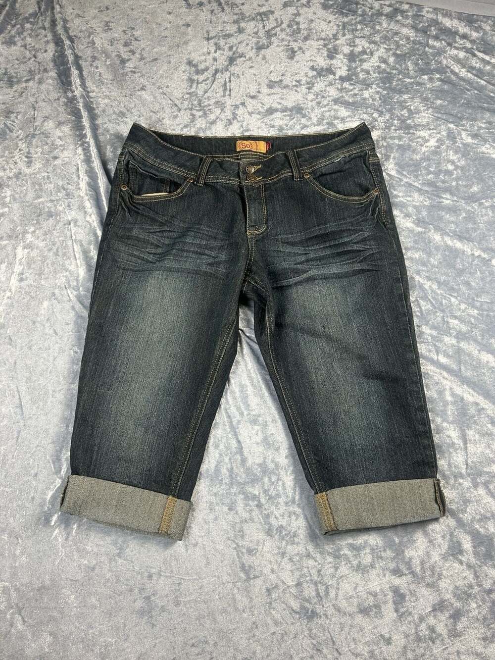 So Juniors Dark Wash Denim Cuffed Capri Jeans